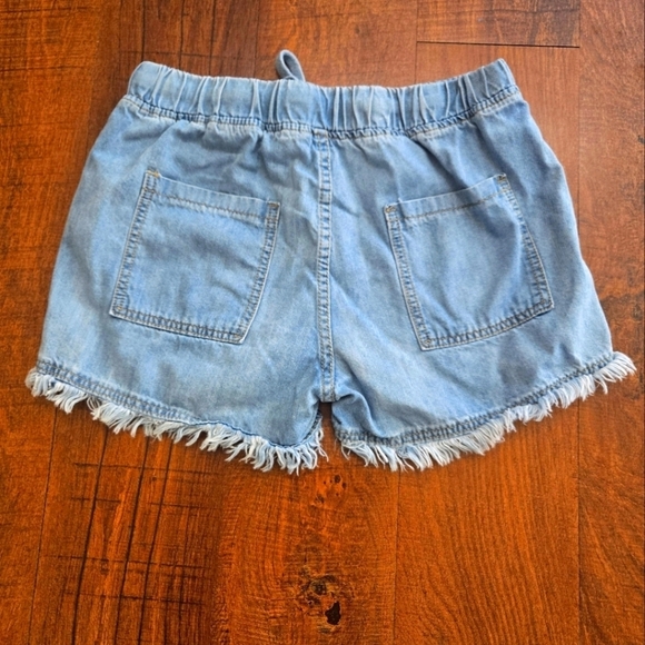 Women's Denim Drawstring Shorts Frayed Raw Hem Ruffle High Waist with Pockets - Picture 2 of 9